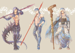 Rule 34 | 3boys, armor, bare pectorals, beige background, black gloves, blue bodysuit, blue cape, blue hair, bodysuit, bracelet, cape, cosplay, costume switch, crescent, crescent necklace, cu chulainn (caster) (fate), cu chulainn (caster) (fate) (cosplay), cu chulainn (fate), cu chulainn (fate) (all), cu chulainn (fate/stay night), cu chulainn (fate/stay night) (cosplay), cu chulainn (second ascension) (fate), cu chulainn alter (fate), cu chulainn alter (fate/grand order), cu chulainn alter (fate/grand order) (cosplay), earrings, elbow gloves, expressionless, facepaint, facial mark, fate/grand order, fate/stay night, fate (series), full body, gae bolg (fate), gloves, hair over shoulder, highres, holding, holding polearm, holding spear, holding staff, holding weapon, hood, jewelry, lancer, long hair, looking at viewer, male focus, monster boy, multiple boys, necklace, official alternate costume, pauldrons, pectorals, polearm, ponytail, red eyes, ro (pixiv34009774), robe, shoulder armor, smile, spear, spikes, staff, standing, tail, toeless legwear, weapon