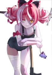 Rule 34 | 1girl, absurdres, ahoge, alternate costume, axe, backlighting, bandaged arm, bandaged leg, bandages, bare shoulders, black bow, bow, closed mouth, commentary, commission, crossed arms, double bun, english commentary, feet out of frame, frilled bow, frills, hair bow, hair bun, harusame tsubaki, heterochromia, highres, hololive, hololive indonesia, charm (object), kureiji ollie, leaning forward, looking at viewer, micro shorts, mismatched pupils, multicolored hair, orange eyes, overall shorts, overalls, patchwork skin, red eyes, red hair, second-party source, short hair, shorts, simple background, skeb commission, smile, solo, stitched face, stitched leg, stitched torso, stitches, streaked hair, sword, symbol-shaped pupils, two-tone hair, udin (kureiji ollie), virtual youtuber, weapon, white background, white hair, x-shaped pupils