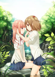 Rule 34 | 2girls, :o, adjusting hair, blush, brown eyes, brown hair, collar, food, food-themed hair ornament, fruit, hair ornament, hair tie, hand in own hair, hands on another&#039;s head, hands on lap, holding, holding own hair, ikeda mashiro, itou nanami, long hair, looking at another, multiple girls, nature, neck ribbon, official art, one side up, open mouth, partially submerged, pink eyes, pink hair, pleated skirt, ribbon, river, rock, school uniform, shirt, short hair, short sleeves, side ponytail, sitting, sitting on rock, skirt, smile, straddling, strawberry, strawberry hair ornament, tomodachi login, tree, tsuchida sango, water, white shirt, yuri