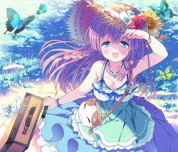 Rule 34 | 1girl, animal bag, aqua eyes, bad id, bad pixiv id, bag, bare arms, blush, braid, breasts, bug, butterfly, cat bag, circle skirt, cleavage, collarbone, commentary request, day, dress, flower, frills, green dress, hat, hoshino koucha, insect, jewelry, large breasts, long hair, looking at viewer, necklace, original, outdoors, red flower, side braid, sleeveless, sleeveless dress, solo, star (symbol), straw hat, stuffed animal, stuffed rabbit, stuffed toy, suitcase, sunflower, twin braids