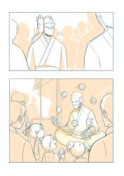 Rule 34 | 2koma, 3girls, 4boys, android, child, clothed robot, comic, cyborg, extra, genji (overwatch), highres, humanoid robot, japanese clothes, juggling, looking at another, monochrome, multiple boys, multiple girls, overwatch, overwatch 1, robot, silent comic, zenyatta (overwatch)