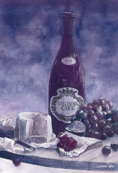 Rule 34 | artworksmil, bottle, cheese, food, food focus, fruit, grapes, lime (fruit), no humans, original, painting (medium), realistic, signature, still life, table knife, traditional media, wine bottle