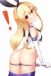 Rule 34 | !, 10s, 1girl, alternate eye color, ass, bare shoulders, black panties, blonde hair, blue skirt, boruhis, breasts, butt crack, clothes pull, covered erect nipples, crop top, elbow gloves, from side, gloves, hairband, head tilt, kantai collection, long hair, looking at viewer, looking back, orange eyes, panties, panty pull, sailor collar, shimakaze (kancolle), skirt, skirt pull, small breasts, solo, spoken exclamation mark, thighs, thong, underwear, white gloves