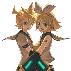 Rule 34 | 1boy, 1girl, aqua eyes, blonde hair, brother and sister, hair ribbon, kagamine len, kagamine rin, lowres, ookami (pixiv27280), open mouth, pixel art, ribbon, siblings, simple background, twins, vocaloid, white background
