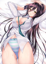 Rule 34 | 1girl, aqua necktie, arm up, bad id, bad pixiv id, black hair, blush, breasts, cellphone, cleavage, commentary request, gluteal fold, hair between eyes, idolmaster, idolmaster shiny colors, large breasts, long hair, looking at viewer, lying, navel, necktie, on back, open mouth, panties, phone, ponytail, ponytail korosuke, shirase sakuya, smartphone, solo, striped clothes, striped panties, sweat, underwear, yellow eyes