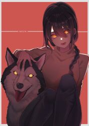 Rule 34 | 1girl, 1other, absurdres, braid, braided ponytail, chain, chainsaw man, character name, hair over shoulder, highres, husky, kuro chibe, looking at viewer, nayuta (chainsaw man), open mouth, orange background, ringed eyes, simple background, sweater, tongue, tongue out, yellow eyes