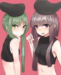 Rule 34 | 2girls, alternate costume, asuzemu, bare arms, black hat, blunt bangs, breasts, brown hair, closed mouth, crop top, green eyes, green hair, hand up, hat, looking at viewer, multiple girls, navel, nishida satono, pink background, pink eyes, short hair with long locks, simple background, sleeveless, small breasts, teireida mai, touhou, upper body