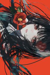 Rule 34 | 1boy, banbiiiino0303, black hair, blunt bangs, crying, crying with eyes open, flower, highres, long hair, looking at viewer, original, red background, red flower, solo, straight hair, tears