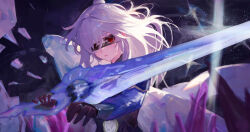 Rule 34 | 1girl, absurdres, bare shoulders, black blindfold, black gloves, blindfold, blue sleeves, c1718259, closed mouth, crystal sword, detached sleeves, gloves, hair between eyes, high ponytail, highres, holding, holding sword, holding weapon, honkai: star rail, honkai (series), ice shard, jingliu (honkai: star rail), long hair, looking at viewer, one eye covered, solo, sword, weapon, white hair