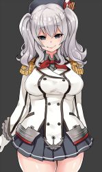 Rule 34 | 10s, 1girl, arm behind back, bad id, bad pixiv id, beret, blue eyes, breasts, buttons, commentary request, epaulettes, female focus, gloves, grey background, hat, jacket, kantai collection, kashima (kancolle), kerchief, large breasts, long hair, looking at viewer, military, military uniform, miniskirt, plump, sidelocks, silver hair, skirt, smile, solo, thick thighs, thighs, tsurime, twintails, uniform, wavy hair, white gloves, wide hips, yukinojou yakan