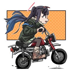 Rule 34 | 1girl, alternate costume, black hair, black pantyhose, blue archive, blunt bangs, brown footwear, commentary request, demon girl, demon horns, driving, flat tire, from side, fur-trimmed jacket, fur trim, fuuka (blue archive), green jacket, green skirt, halo, highres, honda cb50, horns, jacket, long hair, long sleeves, motor vehicle, motorcycle, on motorcycle, pantyhose, red eyes, sidelocks, simple background, skirt, solo, twintails, washin, white background