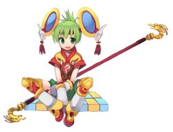 Rule 34 | 10s, 1girl, bad id, bad pixiv id, detached sleeves, dragon kid, elbow gloves, gloves, green eyes, green hair, huang baoling, looking at viewer, maroyaka51, matching hair/eyes, open mouth, polearm, short hair, shorts, simple background, sitting, solo, thighhighs, tiger &amp; bunny, weapon, white background
