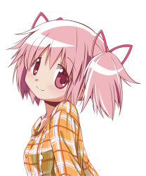 Rule 34 | 10s, 1girl, aoki ume, blush, derivative work, hair ribbon, highres, kaname madoka, mahou shoujo madoka magica, mahou shoujo madoka magica (anime), min (westsign2170), pink eyes, pink hair, plaid, ribbon, simple background, smile, solo, twintails, vector trace, white background