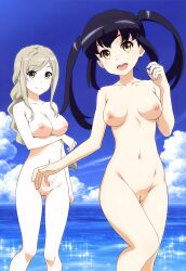 Rule 34 | 2girls, :d, absurdres, black hair, blonde hair, breast hold, breasts, brown hair, cleavage, cleft of venus, cloud, cloudy sky, collarbone, completely nude, day, female focus, green eyes, groin, highres, large breasts, long hair, looking at viewer, multiple girls, namori mana, navel, nipples, nude, nude filter, ocean, okuda yousuke, open mouth, outdoors, pussy, school girl strikers, sky, small breasts, smile, standing, third-party edit, twintails, yaginuma io, yellow eyes