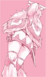 Rule 34 | 10s, 1girl, ass, ayuria, bone hair ornament, boots, cape, dagger, dress, from behind, from below, fur boots, fur cape, gloves, hair ornament, knee boots, knife, monochrome, monster hunter (series), monster hunter stories, pink background, pink theme, ponytail, short dress, simple background, solo, thighs, weapon