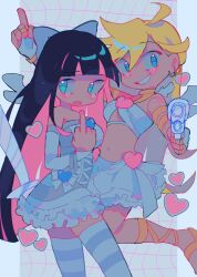 Rule 34 | 2girls, aiming, aiming at viewer, black hair, blonde hair, blue eyes, bow, breasts, colored inner hair, commentary, dress, earrings, english commentary, frilled skirt, frills, gun, hair bow, heart, highres, holding, holding gun, holding weapon, index finger raised, jewelry, littlebunniboo, long hair, looking at viewer, medium breasts, middle finger, midriff, multicolored hair, multiple girls, navel, open mouth, panty &amp; stocking with garterbelt, panty (psg), pink hair, siblings, sisters, skirt, smile, stocking (psg), striped clothes, striped thighhighs, sword, thighhighs, two-tone hair, weapon, white dress