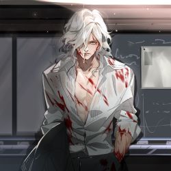Rule 34 | 1boy, blood, blood on face, blood on clothes, cigarette, collarbone, edmond dantes (fate), fate/grand order, fate (series), hand in pocket, jacket, unworn jacket, juer1004, long hair, long sleeves, looking at viewer, male focus, open clothes, open shirt, parted lips, shirt, silver hair, solo, wavy hair, yellow eyes