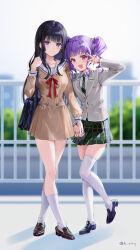 Rule 34 | 2girls, :d, arm at side, bag, bang dream!, black bow, black footwear, black hair, blazer, blunt bangs, blurry, blurry background, blush, bow, breast pocket, breasts, brown dress, brown footwear, building, bush, buttons, closed mouth, collarbone, collared shirt, commentary, crossed legs, day, diagonal-striped clothes, diagonal-striped necktie, dress, fang, full body, green necktie, green skirt, grey jacket, grey sky, hair bow, hanasakigawa school uniform, hand up, haneoka school uniform, highres, holding hands, holding strap, interlocked fingers, jacket, kneehighs, knees together feet apart, leg up, light particles, loafers, long hair, long sleeves, looking at viewer, medium breasts, medium hair, miniskirt, multiple girls, neck ribbon, necktie, open mouth, outdoors, plaid, plaid skirt, pleated dress, pocket, purple eyes, purple hair, railing, red eyes, red ribbon, ribbon, rity, sailor collar, school bag, school uniform, serafuku, shadow, shirokane rinko, shirt, shoes, short dress, shoulder bag, side-by-side, sidelocks, skin fang, skirt, sky, smile, socks, standing, standing on one leg, striped clothes, thighhighs, twintails, twitter username, udagawa ako, v, v over eye, very long hair, watson cross, white sailor collar, white shirt, white socks, white thighhighs, zettai ryouiki