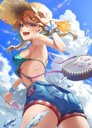 Rule 34 | 1girl, :d, absurdres, arm up, armpits, ass, bag, bare shoulders, bikini, blue shorts, braid, breasts, brown hat, cowboy shot, day, denim, denim shorts, floating hair, from behind, front-tie bikini top, front-tie top, green bikini, hat, highres, holding, hololive, hololive english, kito koruta, long hair, looking at viewer, looking back, low twintails, medium breasts, multicolored hair, open mouth, orange hair, outdoors, purple eyes, scrunchie, short shorts, shorts, shoulder bag, smile, solo, splashing, straw hat, streaked hair, string bikini, sunglasses, swimsuit, takanashi kiara, takanashi kiara (casual), twin braids, twintails, twisted torso, unworn eyewear, virtual youtuber, water, wrist scrunchie