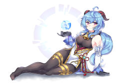 Rule 34 | 1girl, absurdres, ahoge, armpit crease, black dress, black gloves, black horns, black pantyhose, blue collar, blue hair, blue sleeves, breasts, circle, closed mouth, collar, detached sleeves, dress, esy, ganyu (genshin impact), genshin impact, gloves, gold trim, hand on floor, hand up, highres, horns, index finger raised, legs, long hair, looking at viewer, low ponytail, lying, magic, medium breasts, on side, orb, pantyhose, pelvic curtain, purple eyes, rope, shadow, sleeveless, sleeveless dress, smile, solo, vision (genshin impact), white background