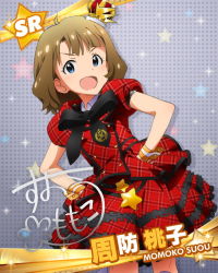 Rule 34 | &gt;:d, 10s, 1girl, :d, ahoge, blue eyes, brown hair, card (medium), character name, character signature, cuff links, dress, grey background, hand on own hip, hat, idolmaster, idolmaster million live!, looking at viewer, official art, open mouth, plaid, plaid dress, prologue rouge (idolmaster), ribbon, signature, smile, solo, suou momoko, v-shaped eyebrows