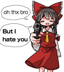 Rule 34 | 1girl, aiming, aiming at viewer, black hair, blush, bow, braid, closed eyes, detached sleeves, dot nose, dress, english text, frilled bow, frilled hair tubes, frills, gun, hair bow, hair tubes, hakurei reimu, handgun, holding, holding gun, holding weapon, jacket, kasuya baian, long sleeves, looking at viewer, medium hair, necktie, open mouth, red bow, red jacket, red skirt, ribbon, ribbon-trimmed sleeves, ribbon trim, shirt, simple background, skirt, smile, solo, touhou, twin braids, weapon, white background, white shirt, yellow necktie