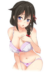 Rule 34 | 10s, 1girl, bare shoulders, black hair, blue eyes, blush, bra, braid, breasts, collarbone, hair between eyes, hair flaps, hair ornament, hair over shoulder, hand on own chest, highres, kantai collection, large breasts, leaning forward, navel, panties, pink panties, red ribbon, ribbon, sarfata, shigure (kancolle), shigure kai ni (kancolle), single braid, solo, sweat, underwear, underwear only