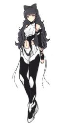 Rule 34 | 1girl, alternate costume, black hair, blake belladonna, bow, cat with a brush, curly hair, embellished costume, hair bow, looking at viewer, rwby, simple background, solo, white background