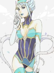 Rule 34 | 10s, 1girl, bare shoulders, blue eyes, blue hair, blue rose (tiger &amp; bunny), breasts, cleavage, earrings, elbow gloves, eyeshadow, fingernails, fingernails over gloves, gloves, gun, jewelry, karina lyle, lipstick, makeup, matching hair/eyes, short hair, solo, superhero costume, tegaki, thighhighs, tiger &amp; bunny, weapon