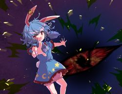 Rule 34 | 1girl, :3, animal ears, bloomers, blue dress, blue hair, breasts, closed mouth, commentary request, dark background, dress, ear ornament, feet out of frame, foreshortening, gradient background, hair over shoulder, highres, hitstts, index finger raised, long hair, low twintails, outstretched arms, puffy short sleeves, puffy sleeves, rabbit ears, rabbit girl, rabbit tail, red eyes, seiran (touhou), short sleeves, small breasts, solo, standing, tail, touhou, twintails, underwear, v-shaped eyebrows