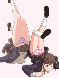 Rule 34 | 1girl, ass, black jacket, blazer, blush, bow, bow panties, brown footwear, brown hair, commentary request, commission, crotch seam, double bun, dress shirt, embarrassed, frown, grey skirt, grey sweater, hair bun, idolmaster, idolmaster shiny colors, jacket, legs up, lielos, loafers, miniskirt, multiple views, neck ribbon, one eye closed, open mouth, panties, partial commentary, pink panties, pixiv commission, pleated skirt, red eyes, ribbon, school uniform, shirt, shoes, short twintails, skirt, socks, sonoda chiyoko, striped clothes, striped panties, sweater, tearing up, tripping, twintails, underwear, upside-down, white shirt, white socks, wing collar, yellow ribbon
