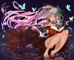 Rule 34 | 1girl, absurdres, bare legs, barefoot, beek, blush, book, brown dress, bug, butterfly, dress, earrings, feet, floating hair, gradient hair, green butterfly, green hair, hair ribbon, highres, holding, holding book, hololive, insect, jewelry, long hair, multicolored hair, open book, parted lips, pink hair, red eyes, ribbon, solo, uruha rushia, uruha rushia (3rd costume), very long hair, virtual youtuber