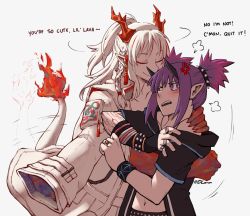 Rule 34 | 2girls, angry, arknights, commentary, demon girl, demon horns, dlanon, embarrassed, english commentary, english text, closed eyes, fiery tail, flame-tipped tail, horns, hug, infection monitor (arknights), lava (arknights), multiple girls, nian (arknights), pointy ears, purple hair, short ponytail, spiked hair, tail, tail wagging, white hair, yuri