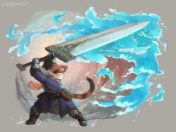 Rule 34 | 1other, belt pouch, blue coat, boots, brown eyes, calico, cat, coat, fighting stance, full body, furry, gloves, holding, holding sword, holding weapon, huge weapon, original, pouch, scarf, souperior, sword, tail, twitter username, weapon, whiskers