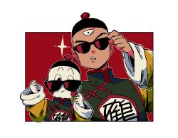 Rule 34 | 2boys, black eyes, blush stickers, chaozu, chinese clothes, colored skin, dragon ball, expressionless, frown, hat, long sleeves, looking at viewer, male focus, multiple boys, pale skin, red background, simple background, sparkle, sunglasses, tenshinhan, third eye, white background, white skin