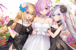 Rule 34 | 3girls, :d, arm hug, bad id, bad pixiv id, bare shoulders, black bow, black dress, black gloves, black ribbon, blonde hair, blue eyes, blue flower, blush, bow, braid, breasts, cleavage, closed mouth, commentary request, coyucom, dress, fate/grand order, fate (series), flower, girl sandwich, gloves, grey hair, hair between eyes, hair flower, hair ornament, hair over one eye, hair ribbon, hand up, interlocked fingers, jeanne d&#039;arc (fate), jeanne d&#039;arc (formal dress) (fate), jeanne d&#039;arc (ruler) (fate), jewelry, long hair, looking at viewer, marie antoinette (fate), marie antoinette (formal dress) (fate), mash kyrielight, mash kyrielight (formal dress), medium breasts, multiple girls, official alternate costume, open mouth, own hands together, parted lips, pendant, pink flower, purple eyes, purple hair, red flower, ribbon, sandwiched, see-through, short hair, single braid, sleeveless, sleeveless dress, smile, strapless, strapless dress, twintails, very long hair, white dress, white flower, white gloves, yellow flower