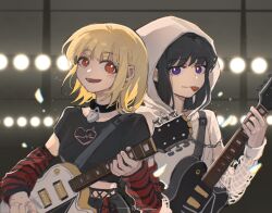 Rule 34 | 2girls, absurdres, black choker, black shirt, bright pupils, chinese commentary, choker, chromatic aberration, closed mouth, commentary request, detached sleeves, electric guitar, guitar, highres, holding, holding guitar, holding instrument, hood, hood up, hoodie, inoue takina, instrument, light particles, lock, looking at viewer, lycoris recoil, multiple girls, nishikigi chisato, parted lips, plectrum, plectrum in mouth, purple eyes, red eyes, shirt, short sleeves, smile, striped sleeves, upper body, white hoodie, white pupils, yanlingjinshilihuahua
