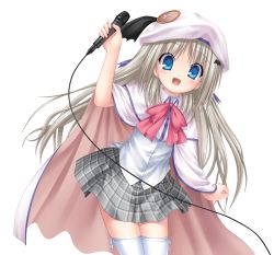 Rule 34 | 1girl, :d, blue eyes, cape, cowboy shot, dress shirt, grey skirt, hat, hat ribbon, highres, holding, holding microphone, kud wafter, leaning forward, little busters!, looking at viewer, microphone, miniskirt, na-ga, noumi kudryavka, open mouth, pink neckwear, plaid, plaid skirt, pleated skirt, purple ribbon, ribbon, school uniform, shirt, simple background, skirt, smile, solo, standing, thighhighs, white background, white cape, white hat, white shirt, white thighhighs, zettai ryouiki