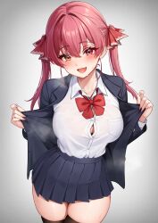 Rule 34 | 1girl, absurdres, black thighhighs, blazer, blue jacket, blue skirt, blush, bow, bowtie, breast pocket, breasts, button gap, collared shirt, commentary, crossed bangs, fang, fingernails, hair between eyes, hair ribbon, heterochromia, highres, holika baby, hololive, houshou marine, jacket, large breasts, long fingernails, long hair, long sleeves, open clothes, open jacket, open mouth, opened by self, pleated skirt, pocket, red bow, red bowtie, red eyes, red hair, red ribbon, ribbon, school uniform, shirt, shirt tucked in, simple background, skirt, smile, solo, steaming body, sweatdrop, symbol-only commentary, thick thighs, thighhighs, thighs, twintails, virtual youtuber, white shirt, yellow eyes