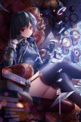 Rule 34 | 1girl, armchair, black gloves, black hair, black joa, black thighhighs, blurry, book, book stack, breasts, capelet, chair, clock, closed mouth, crossed legs, dark, depth of field, garter straps, gloves, grandfather clock, hair between eyes, half gloves, highres, holding, holding paper, indoors, lens flare, light particles, long hair, long sleeves, looking at viewer, medium breasts, original, paper, red eyes, smile, solo, thighhighs, wall, wallpaper (object)
