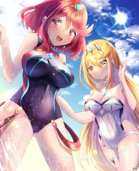 Rule 34 | 2girls, absurdres, amanoru mozuku, black one-piece swimsuit, blonde hair, breasts, chest jewel, competition swimsuit, gem, headpiece, highres, large breasts, long hair, multiple girls, mythra (radiant beach) (xenoblade), mythra (xenoblade), one-piece swimsuit, pyra (pro swimmer) (xenoblade), pyra (xenoblade), red eyes, red hair, red one-piece swimsuit, ribbed swimsuit, short hair, strapless, strapless one-piece swimsuit, striped clothes, striped one-piece swimsuit, swept bangs, swimsuit, tiara, two-tone swimsuit, vertical-striped clothes, vertical-striped one-piece swimsuit, very long hair, white one-piece swimsuit, xenoblade chronicles (series), xenoblade chronicles 2, yellow eyes