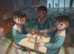 Rule 34 | 3girls, blue skirt, brown eyes, chair, cup, disposable cup, eating, expressionless, female focus, food, green neckwear, holding, holding food, low twintails, multiple girls, original, restaurant, sailor collar, skirt, stool, table, tensen (dotted line), twintails, what, white sailor collar