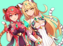 Rule 34 | 2girls, animal ears, aqua background, bare shoulders, black gloves, blonde hair, breasts, chest jewel, cleavage cutout, clothing cutout, cowboy shot, dress, dutch angle, earrings, elbow gloves, enni, fingerless gloves, gloves, jewelry, large breasts, long hair, looking at viewer, multiple girls, mythra (xenoblade), pyra (xenoblade), red eyes, red hair, short dress, short hair, smile, swept bangs, tail, tiara, tiger ears, tiger tail, very long hair, white dress, white gloves, xenoblade chronicles (series), xenoblade chronicles 2, yellow eyes