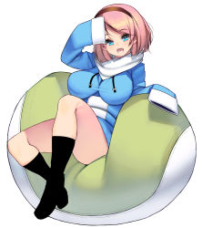 Rule 34 | 1girl, absurdres, bean bag chair, blonde hair, blue eyes, breasts, hairband, highres, hood, hoodie, impossible clothes, kouno (masao), large breasts, original, short hair, sitting, sleeves past fingers, sleeves past wrists, solo, white background