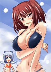 Rule 34 | 2girls, bikini, blue eyes, blue hair, blush, breast hold, breasts, cirno, hair bobbles, hair ornament, highres, large breasts, multiple girls, nishi koutarou, onozuka komachi, red eyes, red hair, short hair, skindentation, swimsuit, touhou, twintails, two side up, upper body