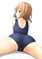 Rule 34 | 1girl, arm support, ass, blue one-piece swimsuit, bob cut, cameltoe, green eyes, highres, light brown hair, looking at viewer, looking back, old school swimsuit, one-piece swimsuit, original, school swimsuit, shibacha, solo, spread legs, swimsuit, thighs, white background