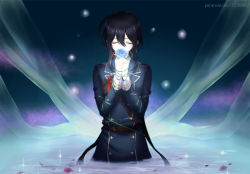 Rule 34 | 10s, 1boy, black hair, blue flower, blue rose, closed eyes, fireflies, flower, kjou, male focus, military, military uniform, namazuo toushirou, own hands clasped, own hands together, partially submerged, petals, plant, rose, solo, touken ranbu, uniform, vines, water