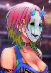 Rule 34 | 1girl, asuka (wrestler), bare shoulders, blue choker, blurry, blurry background, breasts, choker, cleavage, earrings, jewelry, mask, meowyin, multicolored hair, pink hair, short hair, signature, solo, wrestling outfit, wrestling ring, wwe