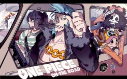 Rule 34 | +++, 1girl, 3boys, adjusting eyewear, afro, amykem, animal nose, antlers, aqua hair, arm rest, black hair, body fur, brook (one piece), car interior, chain, chain necklace, clenched teeth, collarbone, day, driving, english text, eyewear on head, franky (one piece), furry, glasses, hand on eyewear, hat, high ponytail, highres, hooves, horns, jacket, jewelry, letterboxed, long hair, long sleeves, looking afar, looking at viewer, motor vehicle, multiple boys, necklace, nico robin, one piece, open clothes, pearl necklace, pectorals, seat, seatbelt, shirt, short hair, sideburns, skeleton, skull, sleeves past wrists, smile, snout, steering wheel, sunglasses, sweater, teeth, tony tony chopper, v-shaped eyebrows, vehicle interior, vest