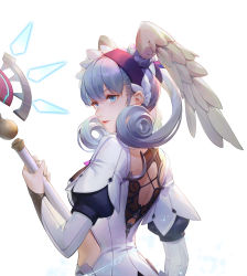 Rule 34 | 1girl, absurdres, head wings, highres, melia antiqua, q18607, silver hair, simple background, solo, staff, weapon, white background, wings, xenoblade chronicles 1, xenoblade chronicles: future connected, xenoblade chronicles (series)